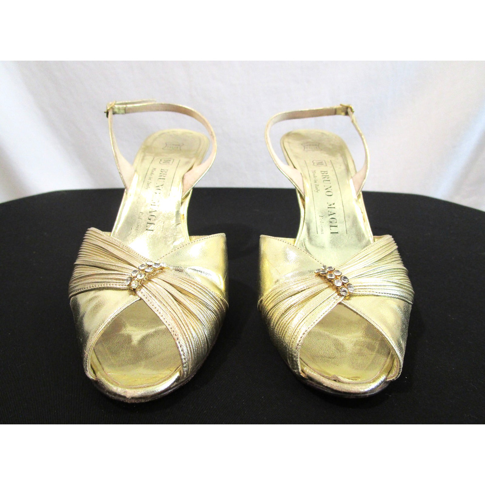 Vintage Bruno Magli Italy Gold Leather Rhinestone Slingback Heels, Women 6.5 B - Picture 4 of 11